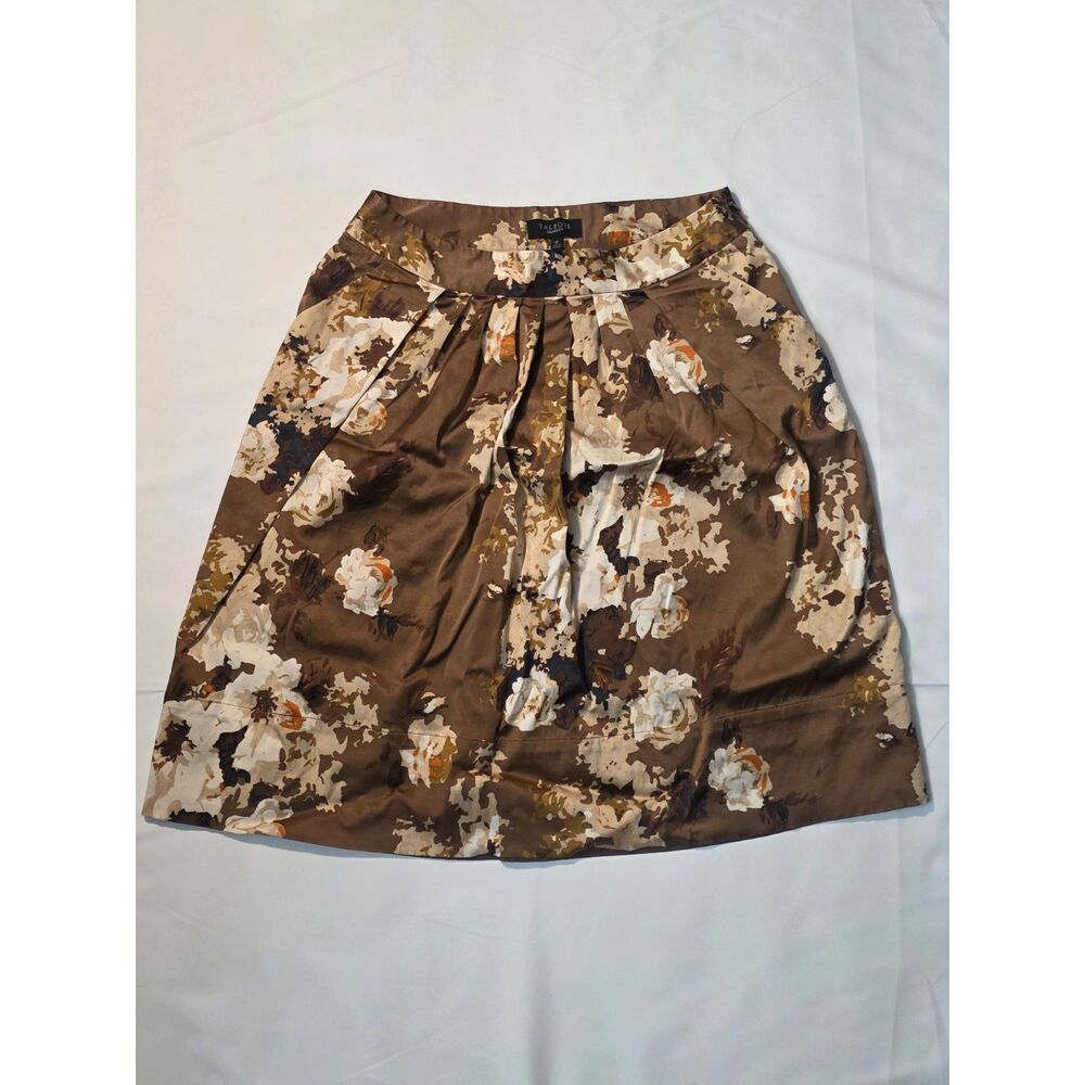 Talbots Size 10 Brown Floral Viscose Cotton Pleated A-Line Lined Skirt Pocket